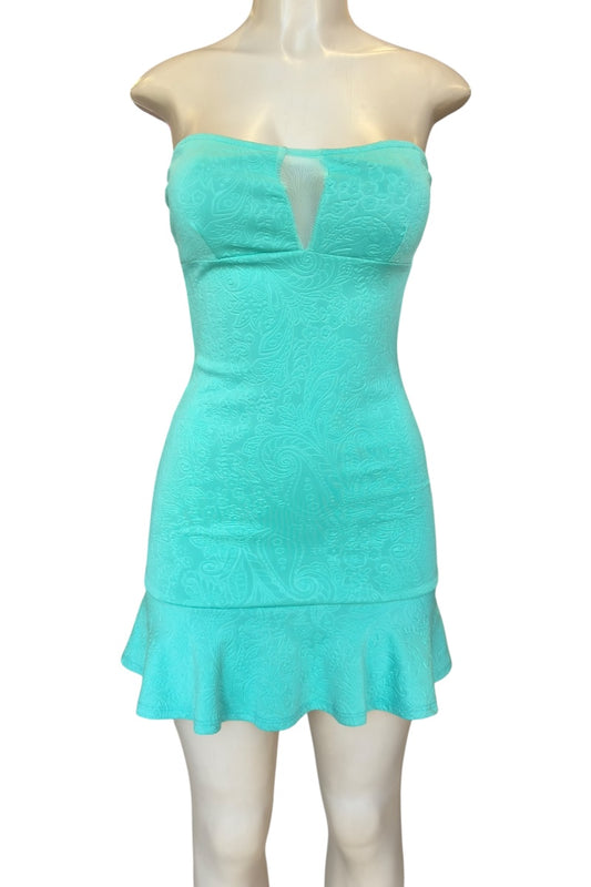Mint strapless dress on a mannequin against a white background