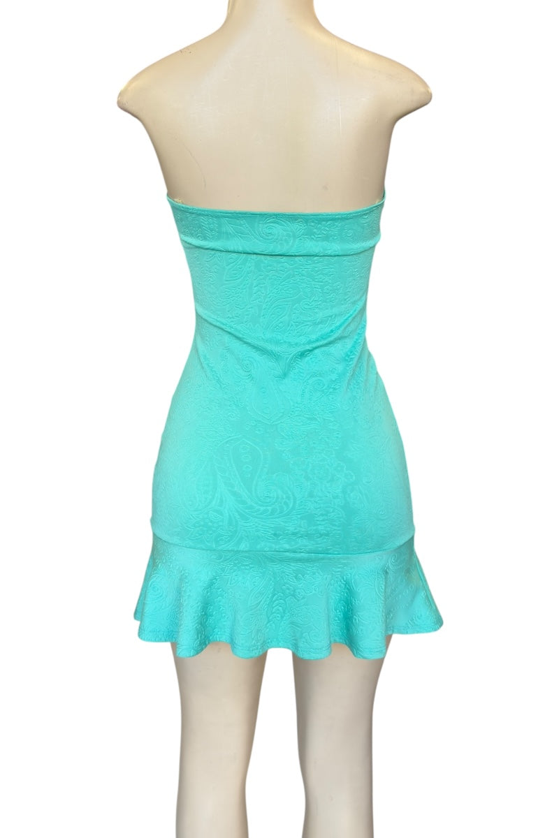 Mint strapless dress on a mannequin against a white background