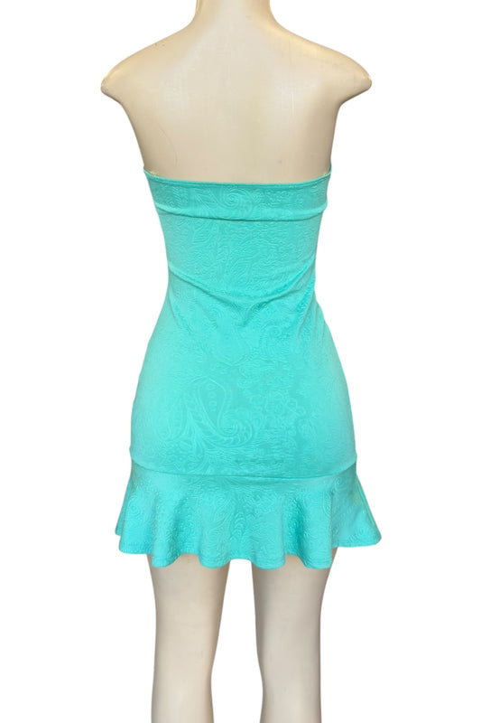Mint strapless dress on a mannequin against a white background