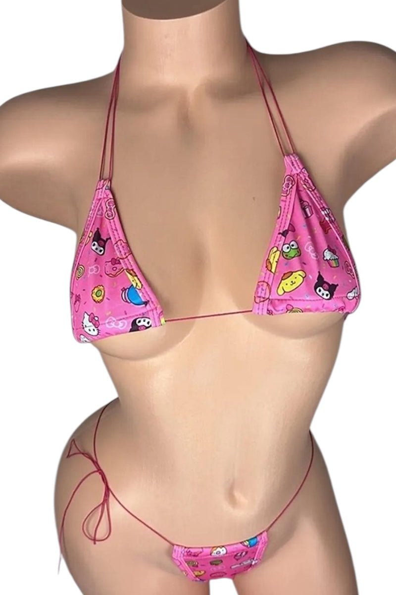 Pink bikini with cartoon character design on a white background