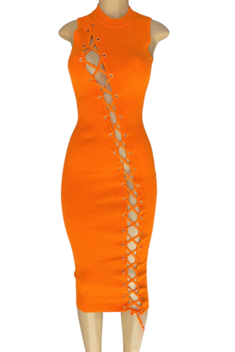 Long Ribbed Lace-Up Midi Dress #G1090