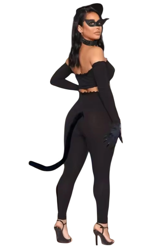 Person wearing a black cat-themed costume with a mask on a white background