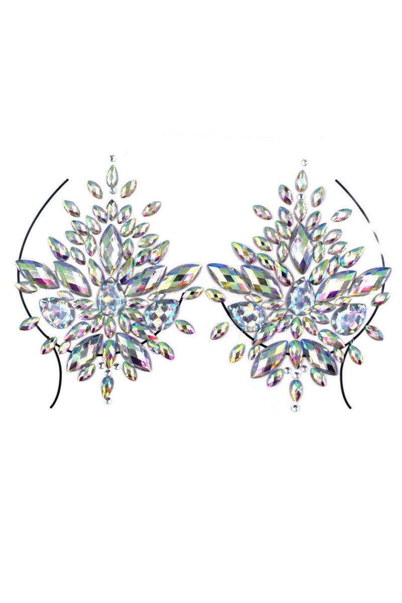 Pair of decorative pasties with multicolored gemstones on a white background