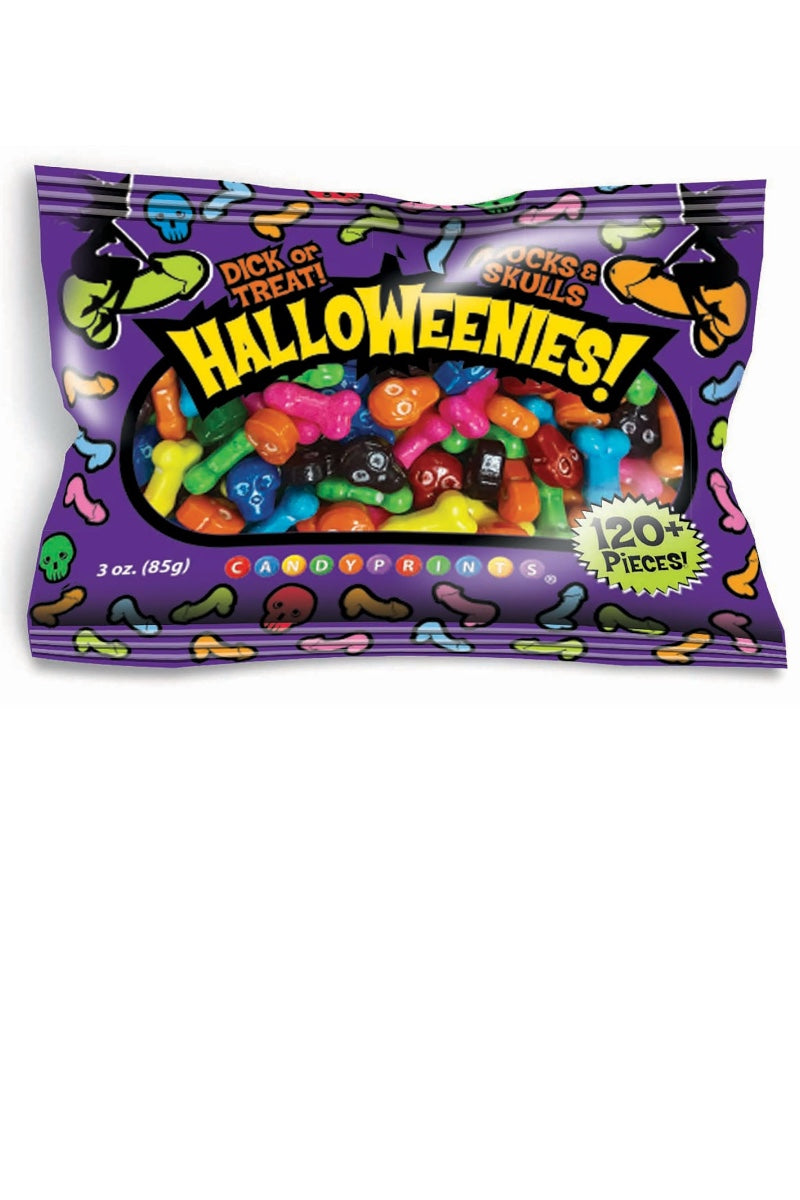 A 3 oz bag of Halloween-themed candy called 'Halloweenies!' by Dick or Treat. The packaging is purple with a black bat silhouette, yellow text, and colorful illustrations of candy shapes.