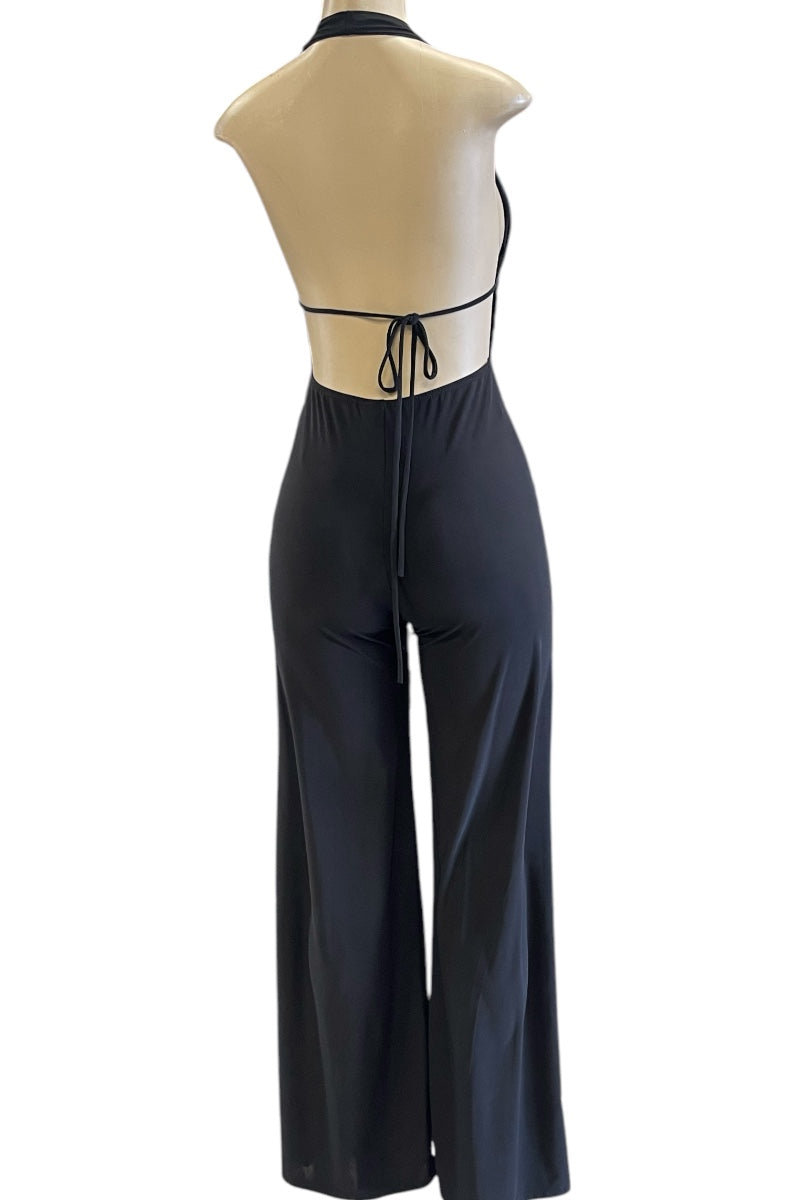 Halter Slinky Flared Jumpsuit - Black