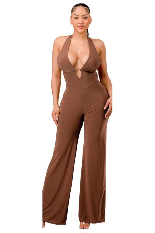 Halter Slinky Flared Jumpsuit - Chocolate