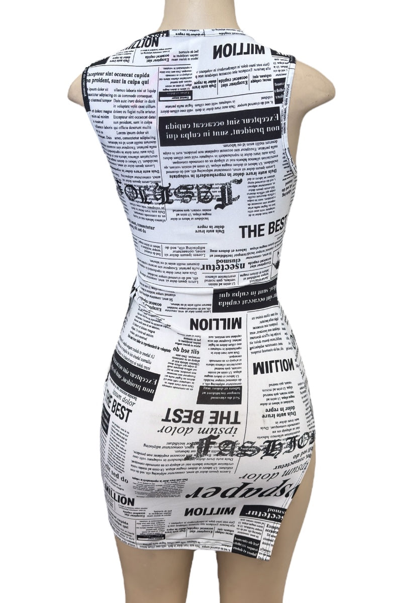Dress with newspaper print on a mannequin against a white background