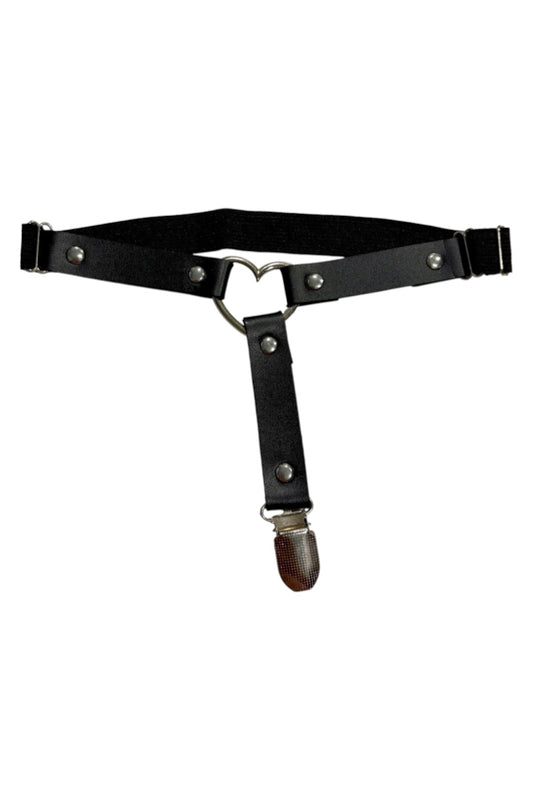 A black faux-leather suspender belt with silver metal rivets and a snap hook clasp at the bottom, displayed against a solid white background.