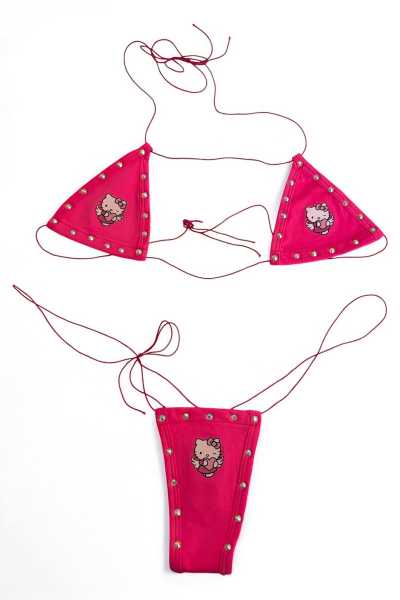 Kitty Studded String Bikini Set - Hot Pink