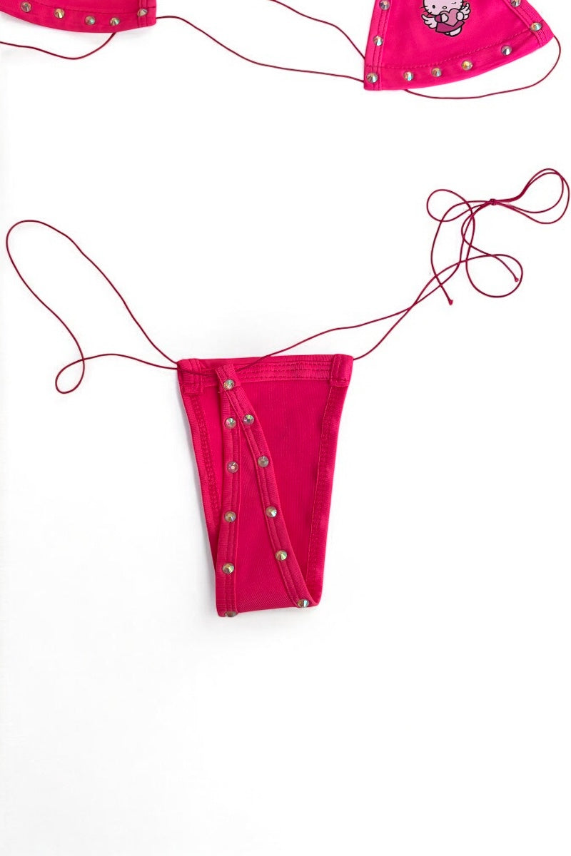 Kitty Studded String Bikini Set - Hot Pink