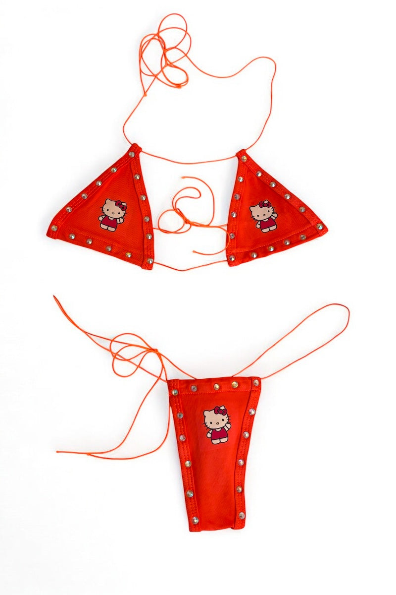 Kitty Studded String Bikini Set - Orange