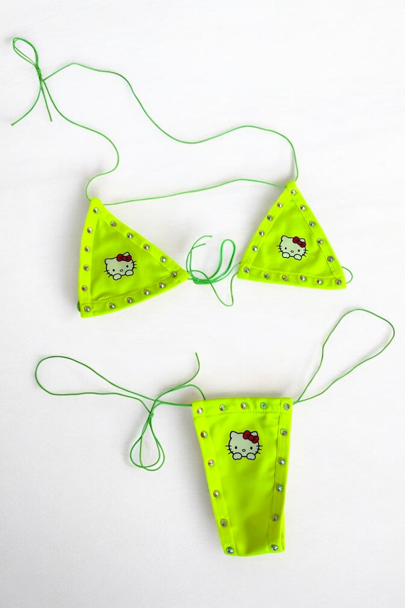 Kitty Studded String Bikini Set - Neon Yellow