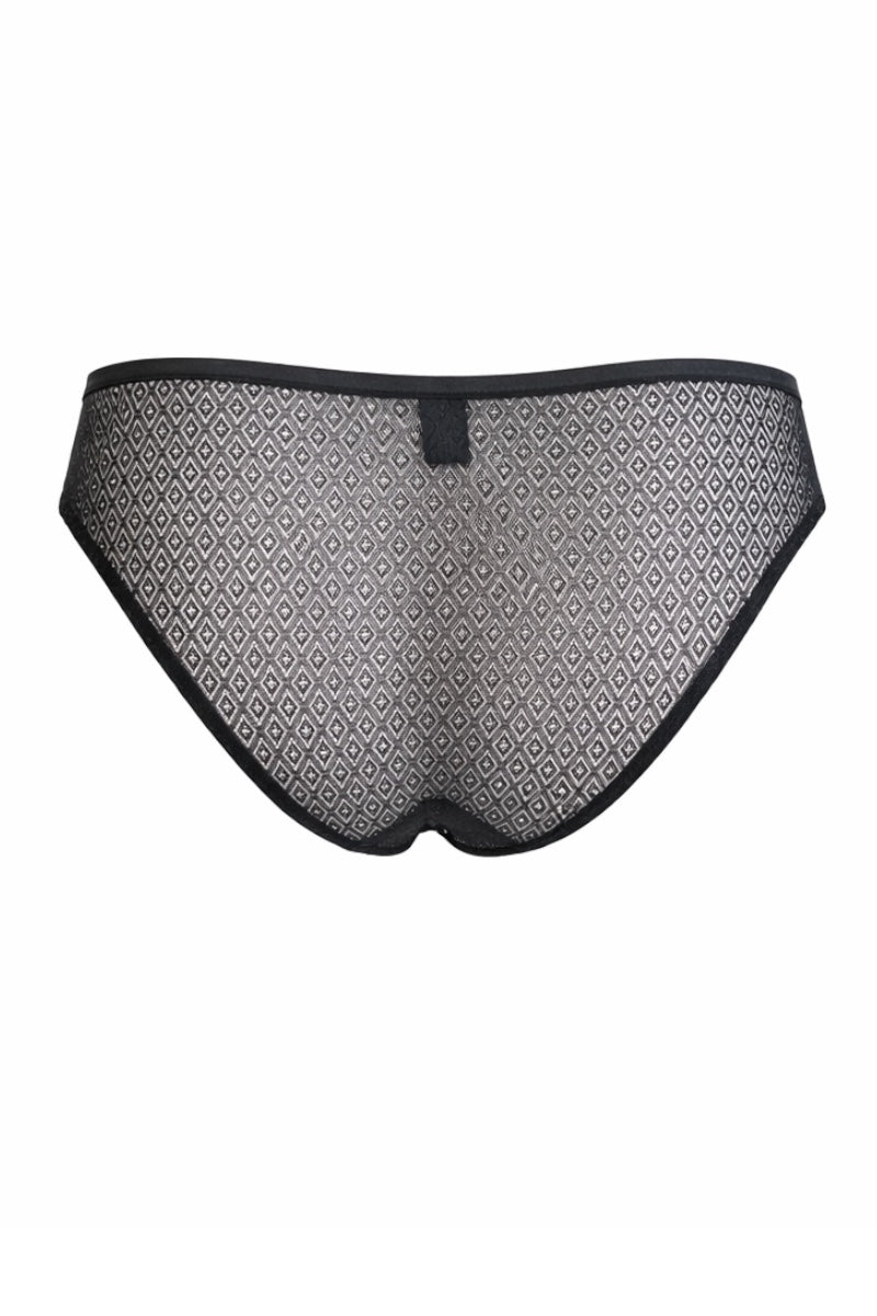 Black mesh underwear with geometric pattern on a white background