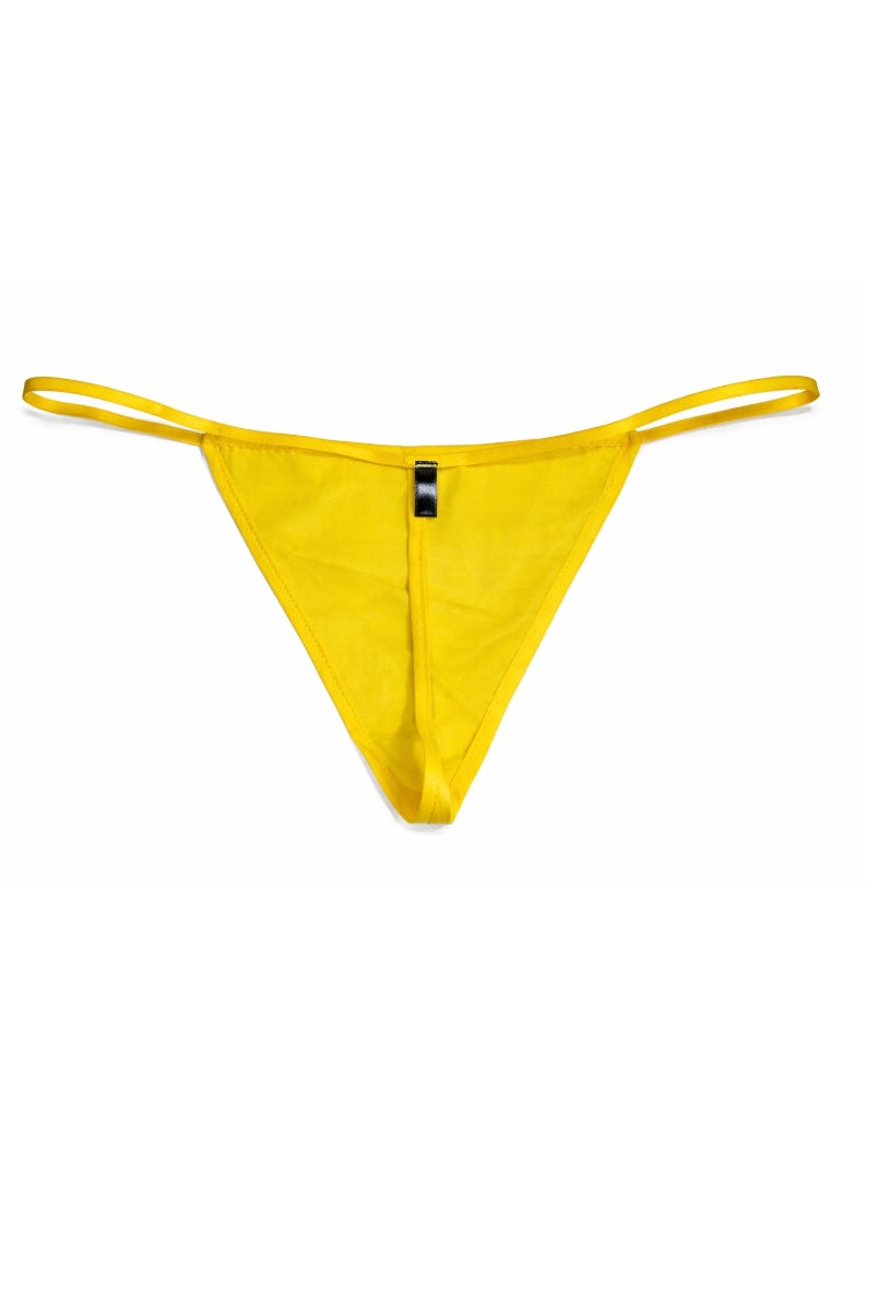 Yellow thong bikini bottom on a white background