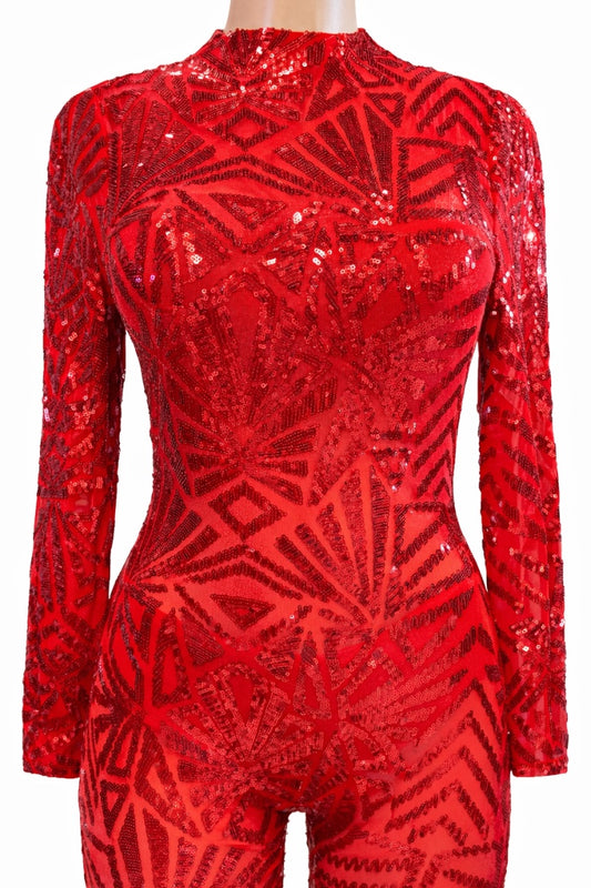 Red sequin outfit with long sleeves on a mannequin against a white background