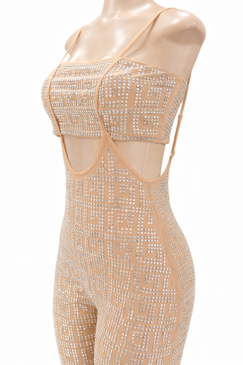Mannequin wearing a beige bodysuit with crystal embellishments on a white background
