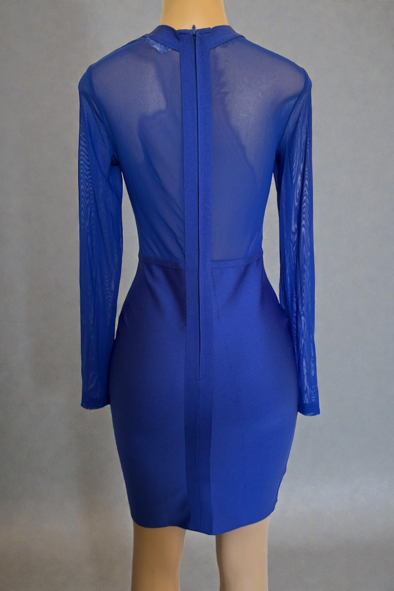 Blue dress with sheer long sleeves on a mannequin against a gray background