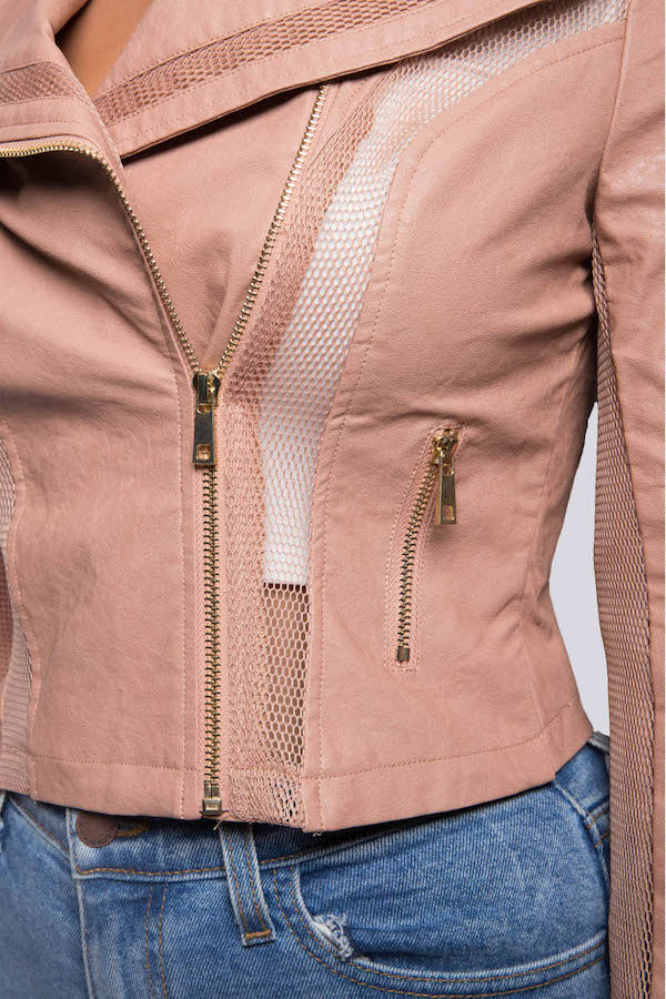 Zipper Mesh Detail Leather Jacket