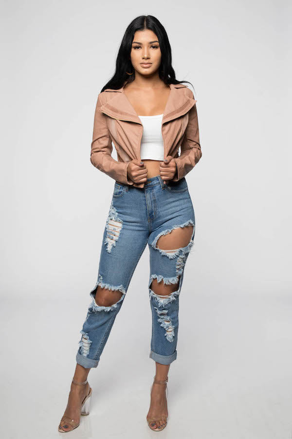 Zipper Mesh Detail Leather Jacket