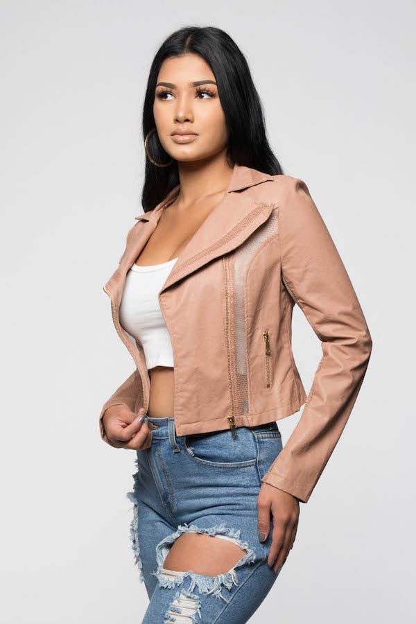 Zipper Mesh Detail Leather Jacket