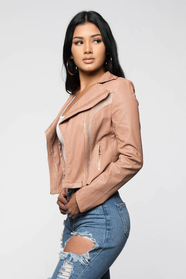 Zipper Mesh Detail Leather Jacket