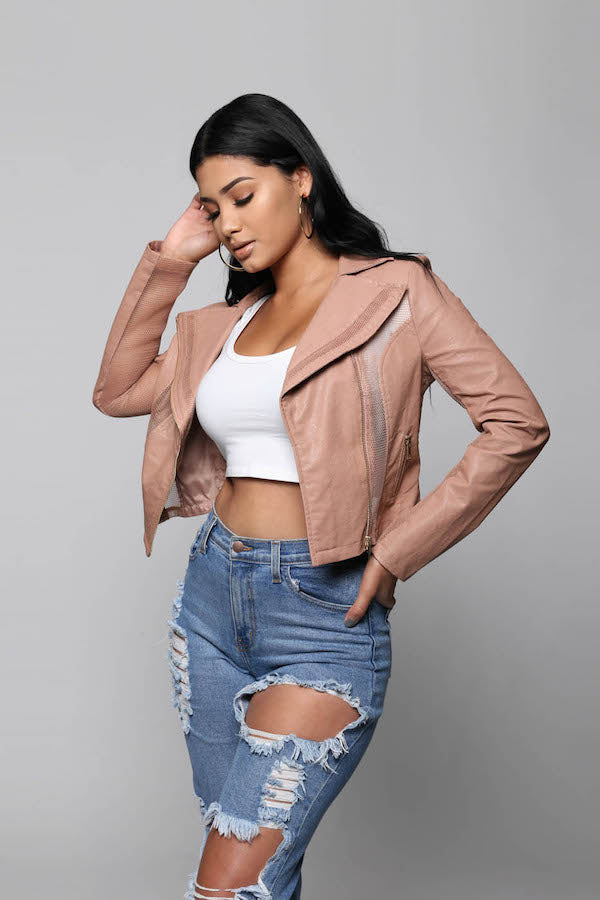 Zipper Mesh Detail Leather Jacket