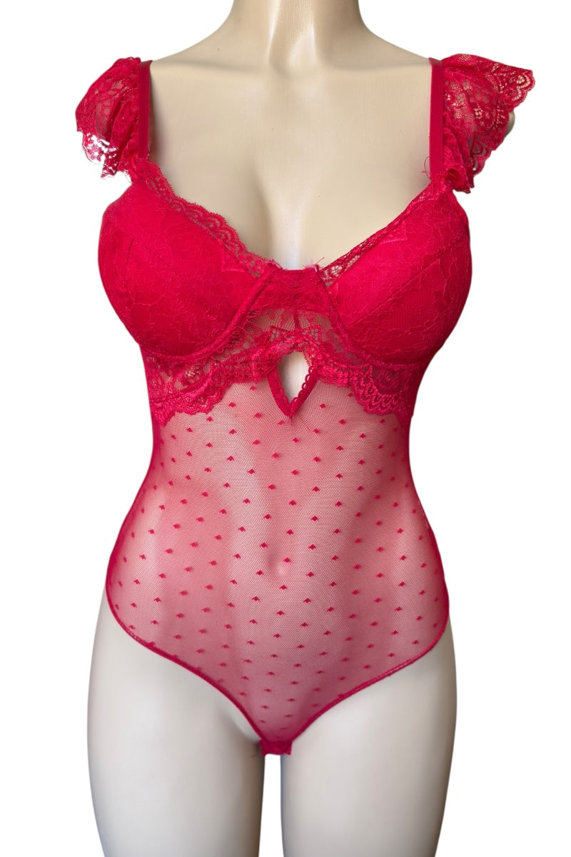 Red lace bodysuit on a mannequin against a white background