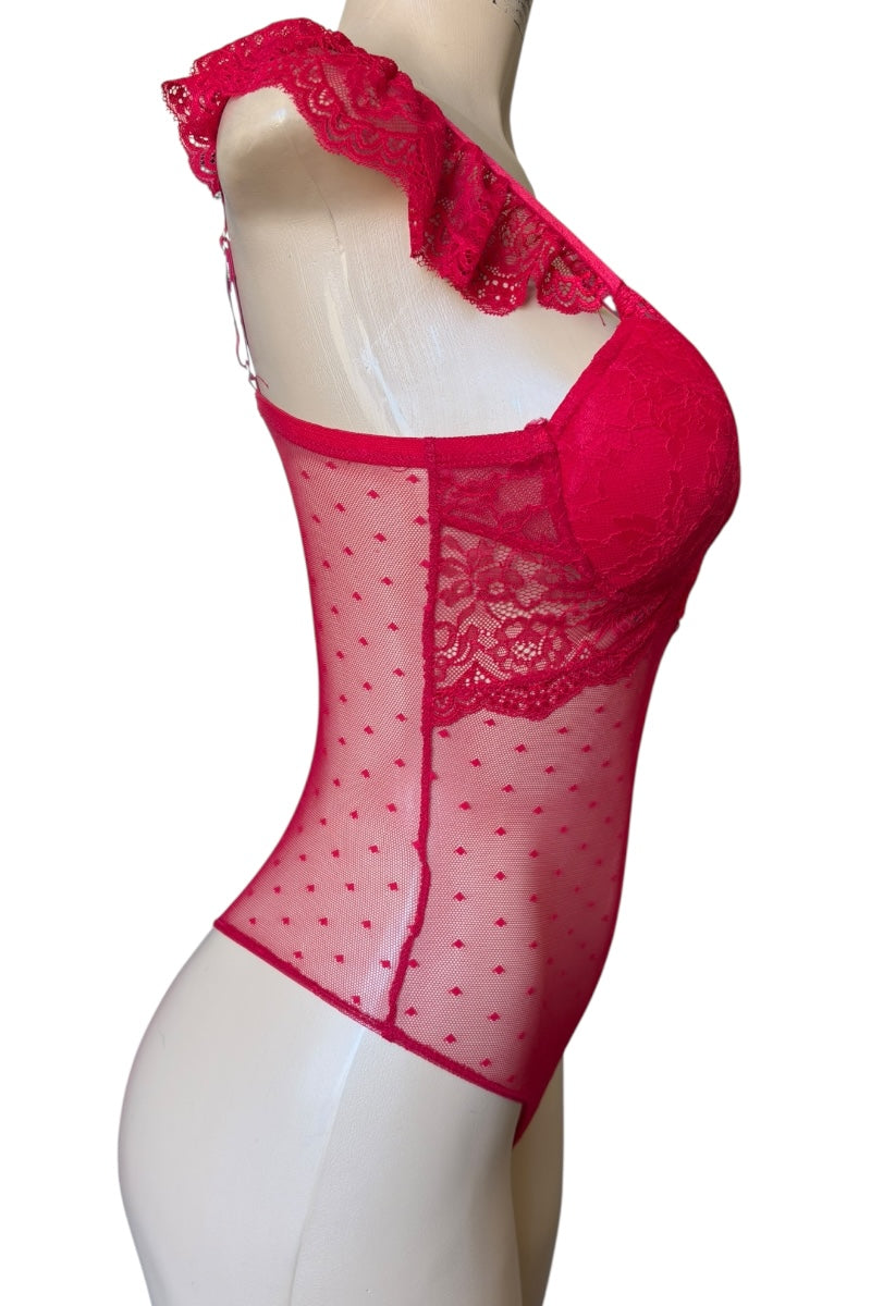 Red lace bodysuit on a mannequin against a white background