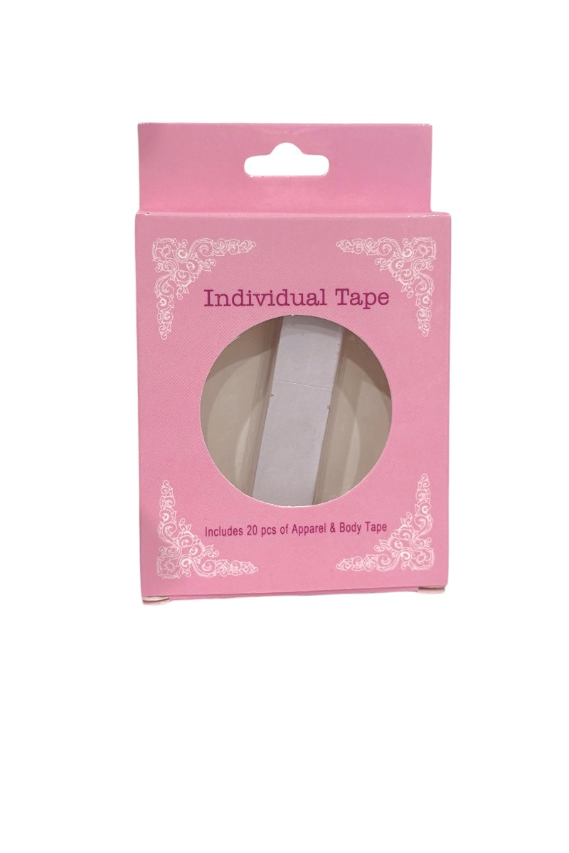 Pink retail packaging for individual apparel and body tape, with a circular window showing a tape inside.