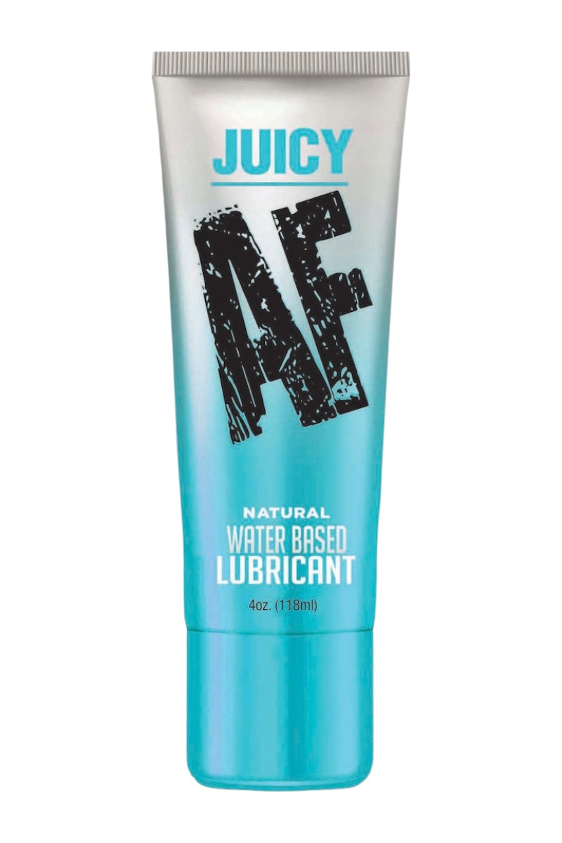 Tube of Juicy AF natural water-based lubricant on a white background