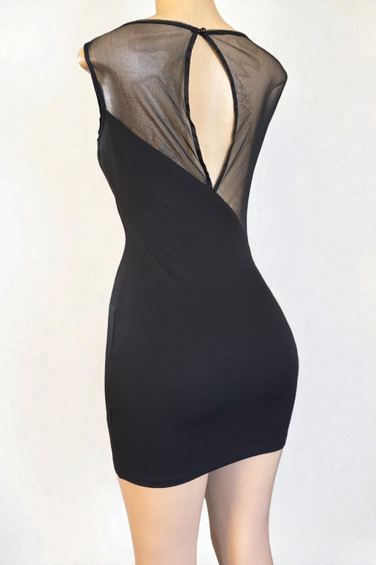 Black dress with sheer back panel on a mannequin against a white background