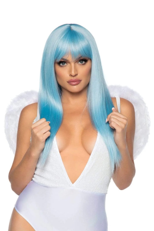 A woman modeling a long straight wig with bright blue ombre hair and white angel wings against a plain white background.