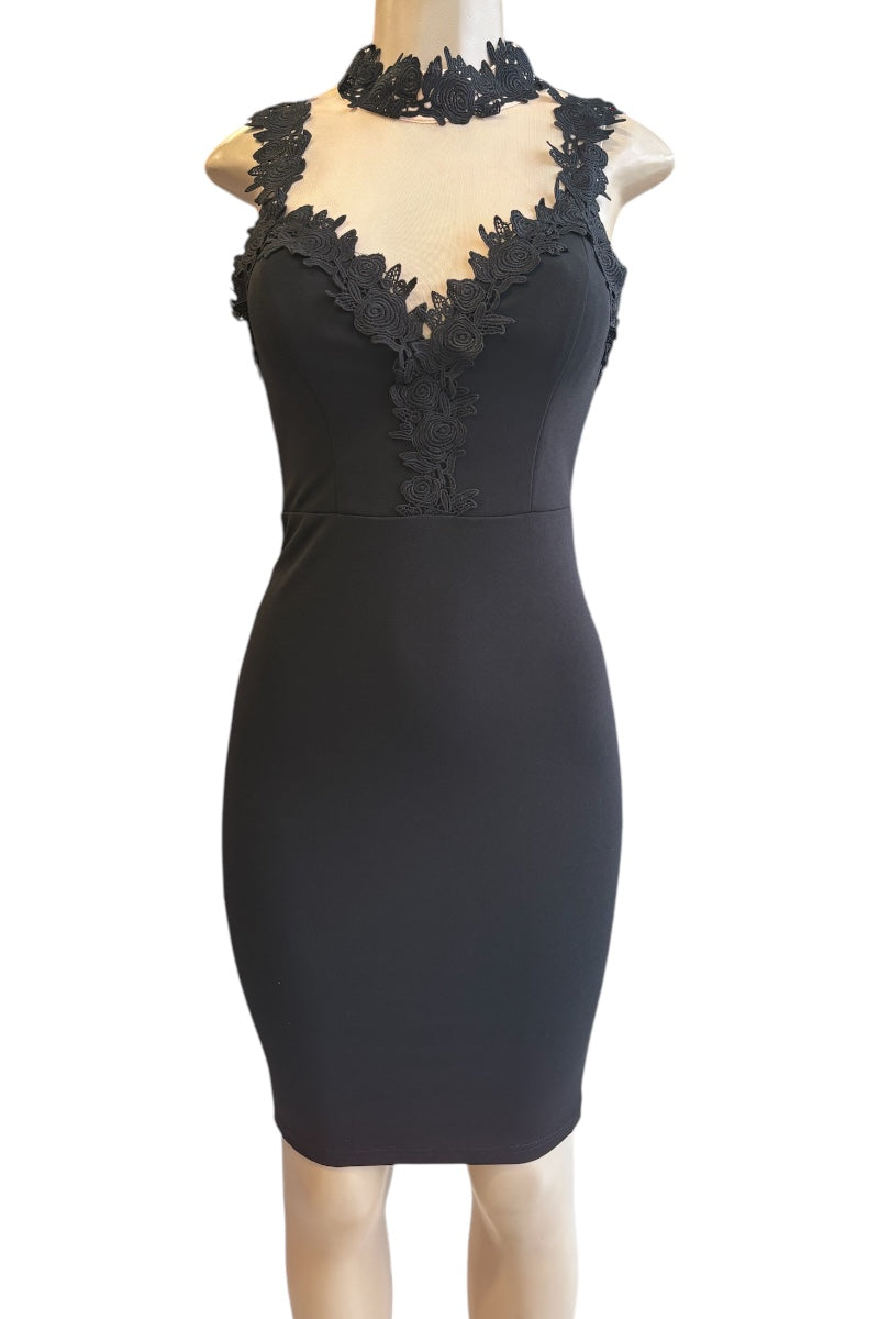 Lace Appliqué Illusion Midi Dress #ID69536 Black / M