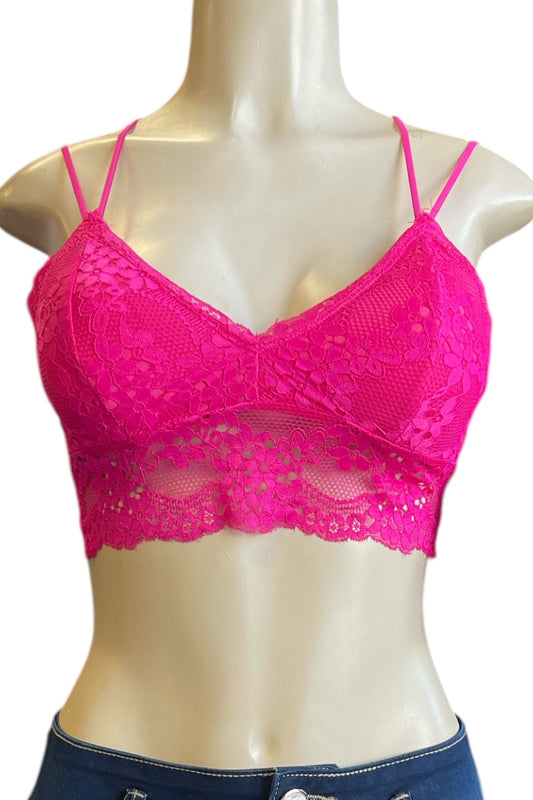 Lace Bustier Strappy Crop Top - Hot Pink