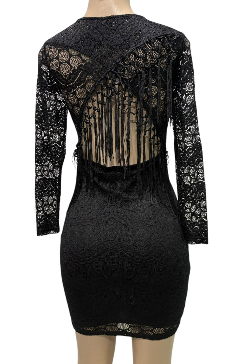 Black lace dress with long sleeves on a mannequin against a white background