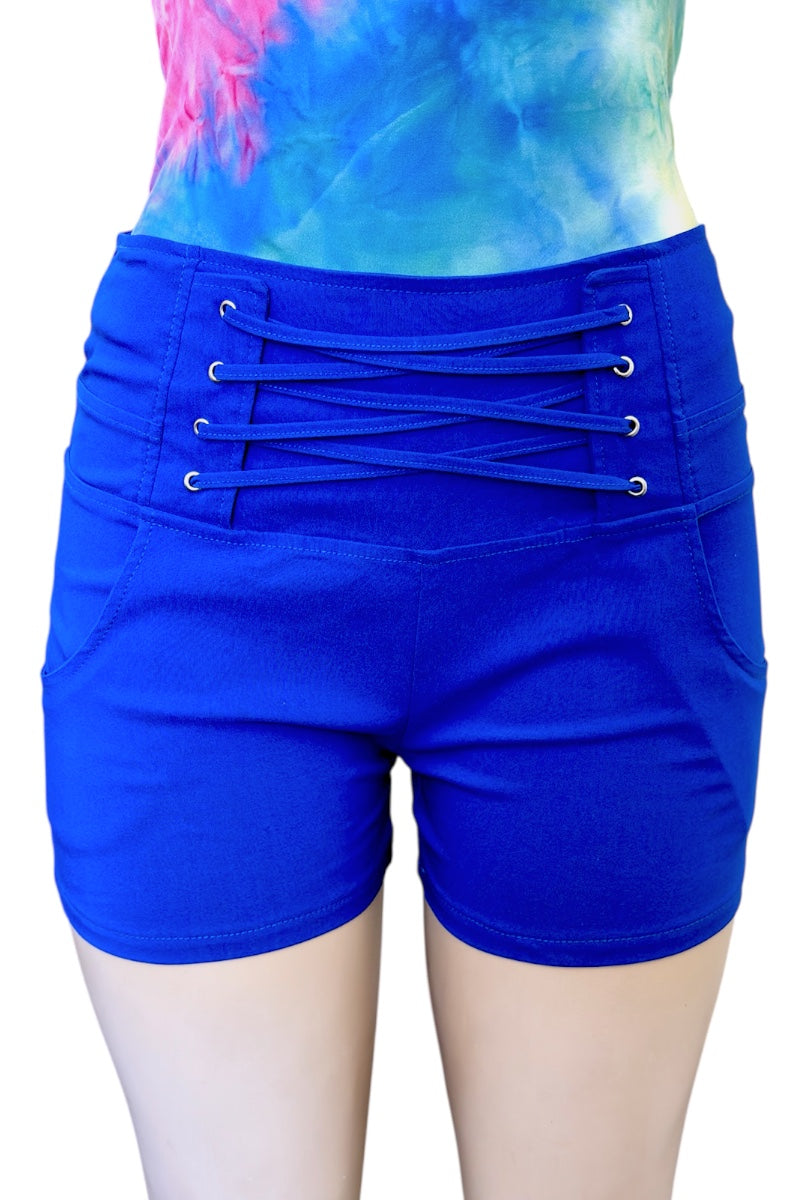 Blue shorts with lace-up front on a white background