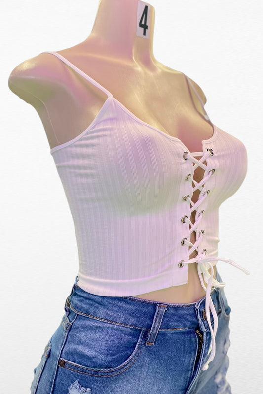 Lace Up Cropped Cami - White