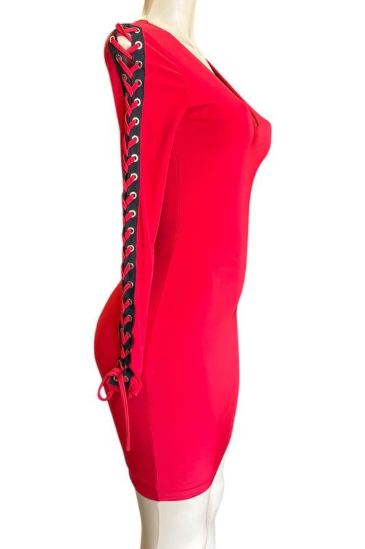 Red dress with black lace details on a white background