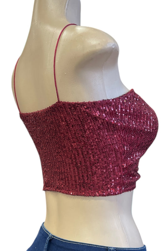 Lace Up Sequin and Satin Crop Top - Burgundy