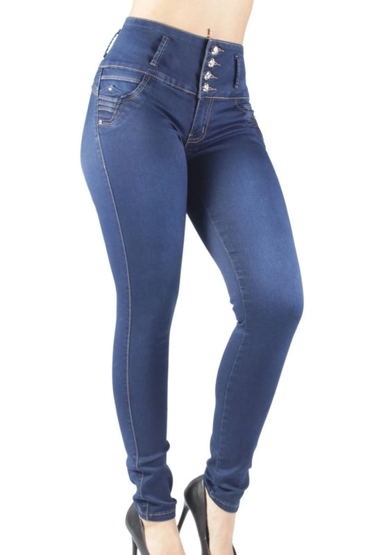 Blue jeans with button details on a white background