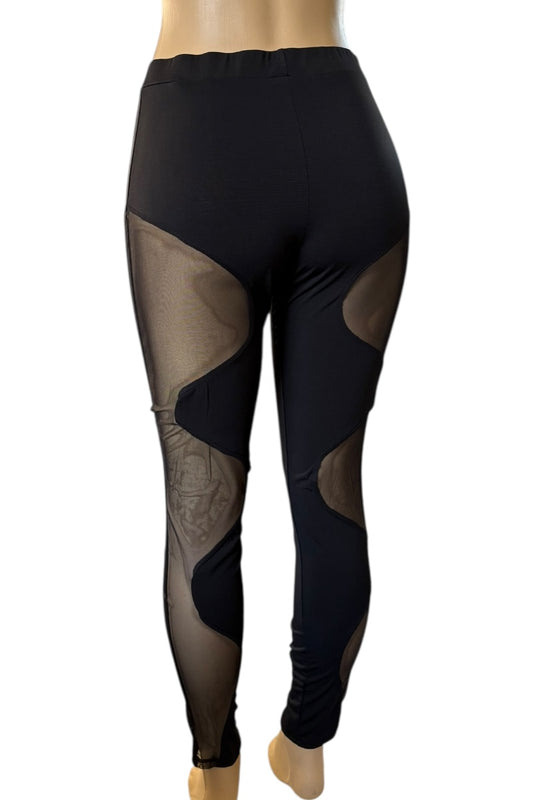 Black leggings with mesh panels on a white background