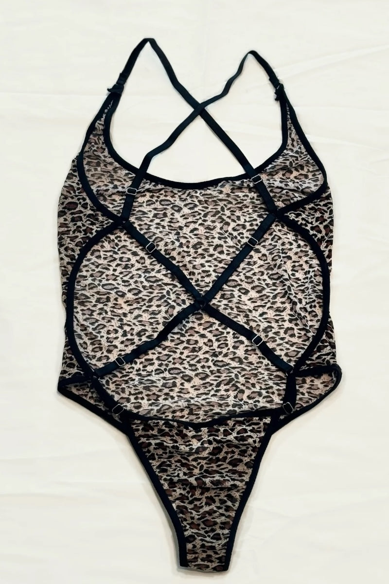 Leopard Mesh Criss Cross Back Bodysuit Teddy