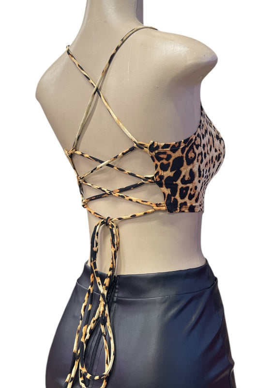 Leopard Print Lace Up Back Handkerchief Top