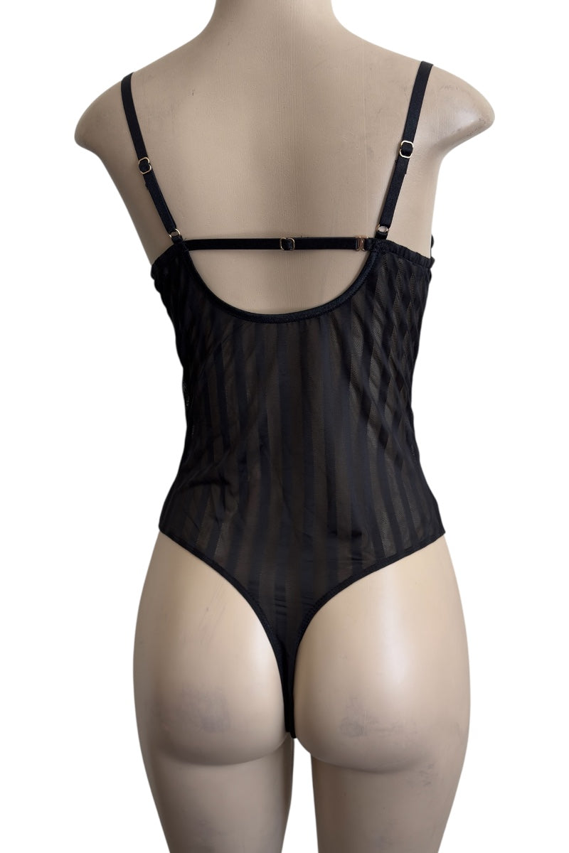 Black lace bodysuit on a mannequin against a white background