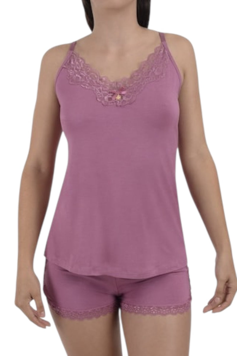 Violet pajama set with lace details on a white background