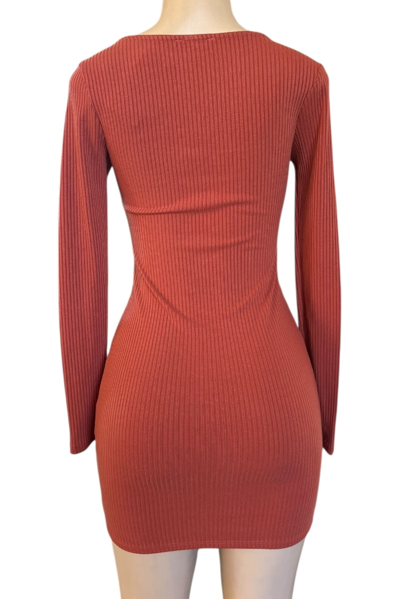 Rust color ribbed dress on a mannequin with a white background