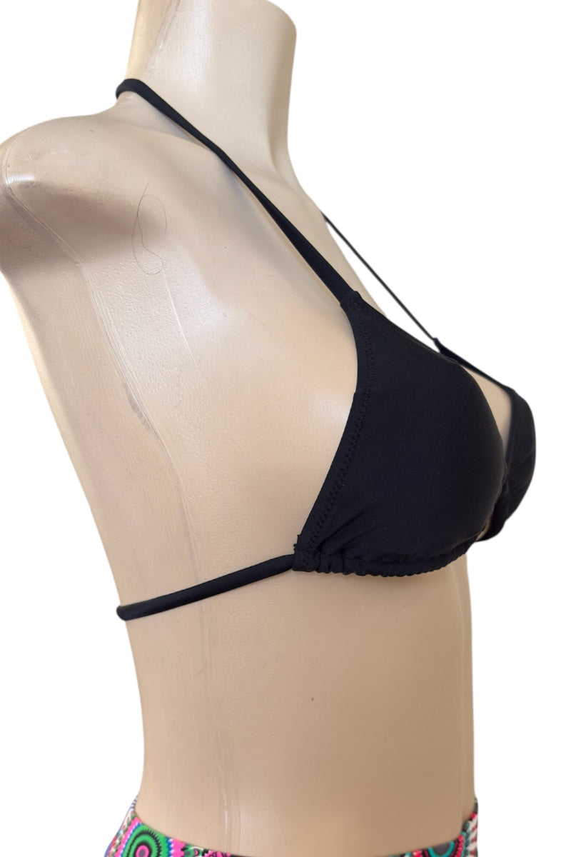 Black bikini top on a mannequin with a white background