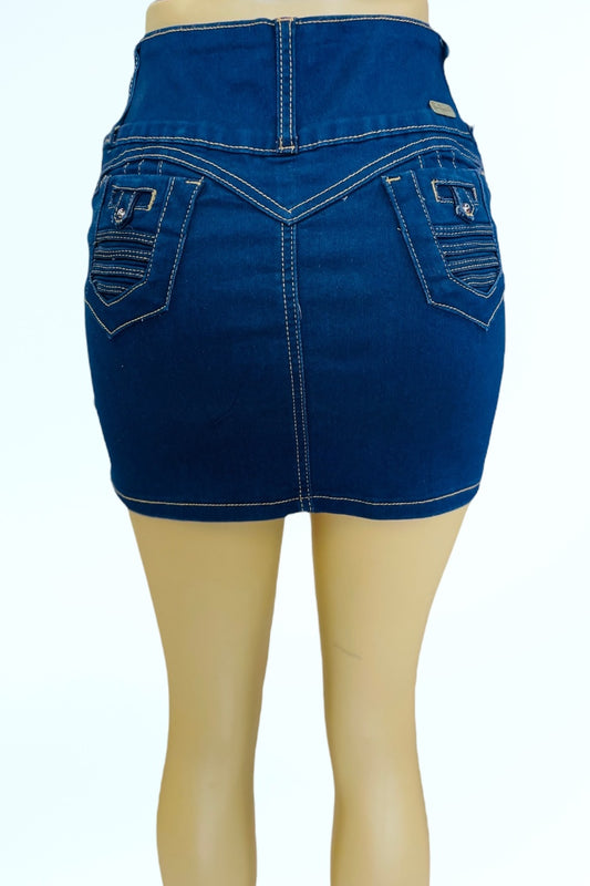 Blue denim skirt on a mannequin with a white background