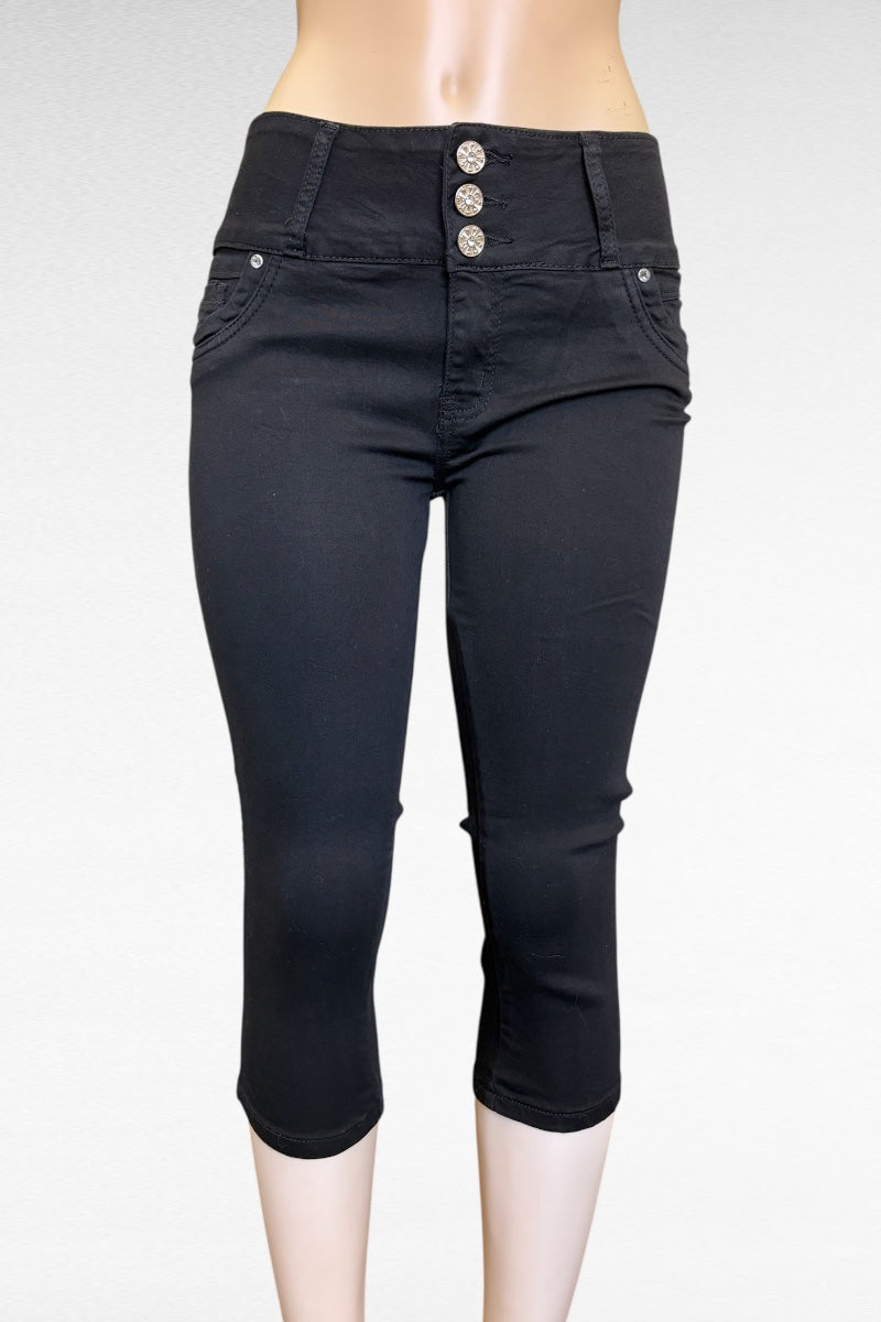 Metallic Pockets Black Capri Jeans
