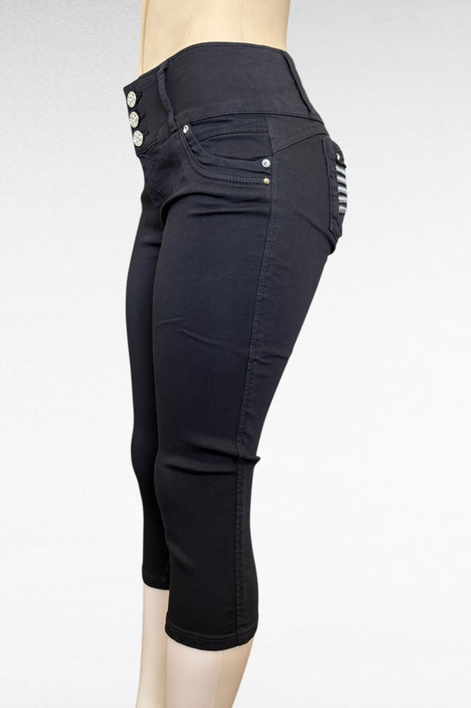 Metallic Pockets Black Capri Jeans